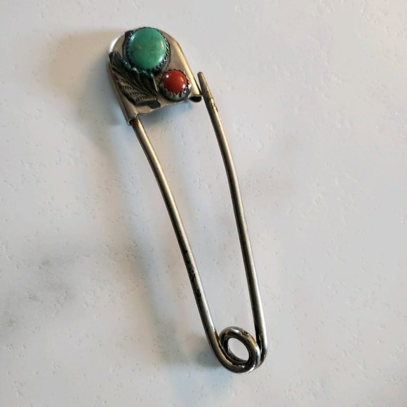 Large Vintage Native American Turquoise Safety Pin Brooch - Picture 1 of 15